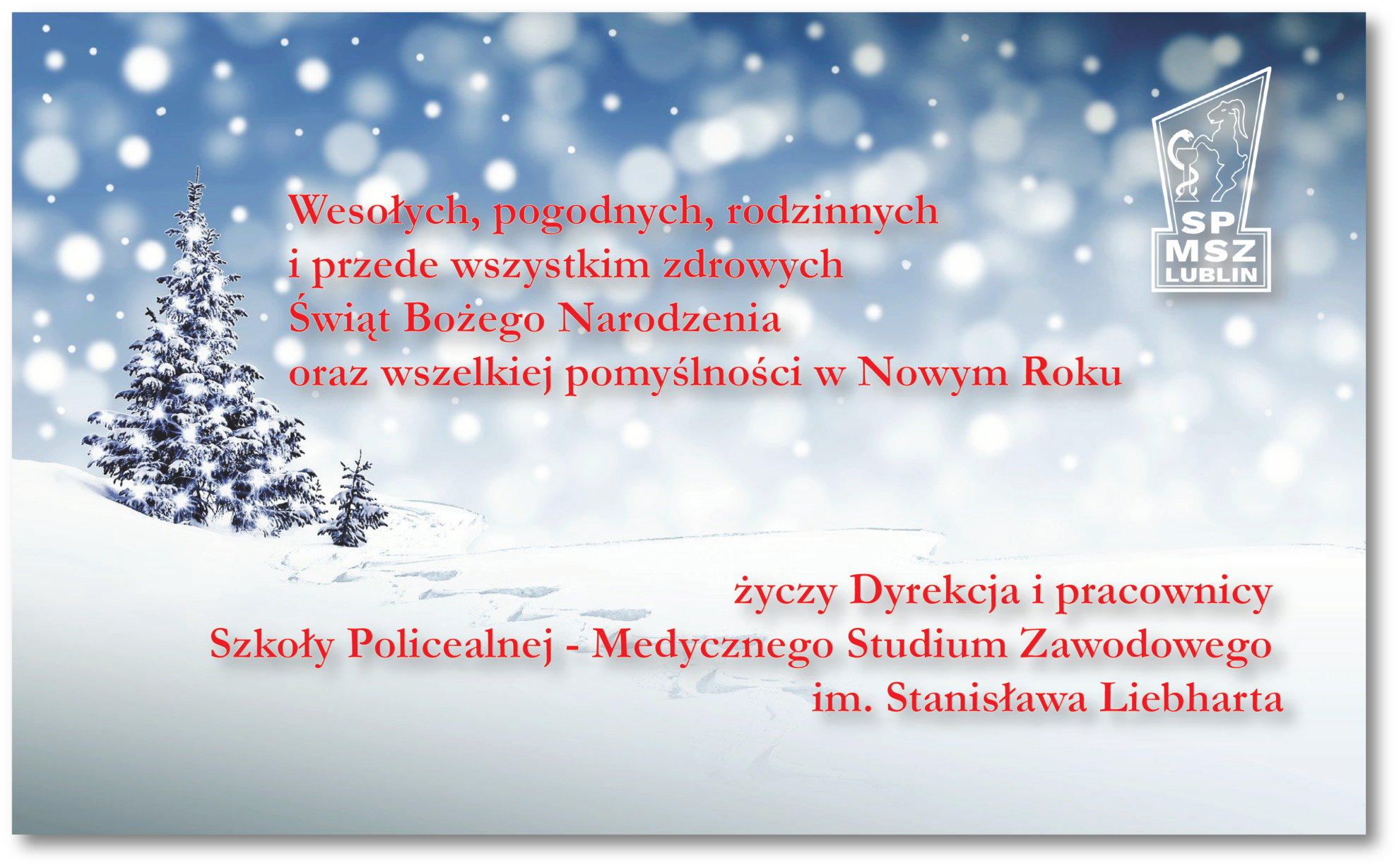 Życzenia na Boże Narodzenie i Nowy Rok, śnieg, choinka, logo studium